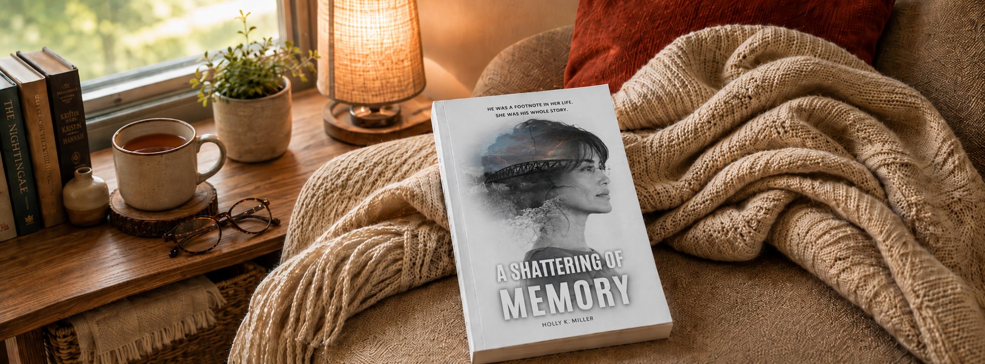 A Shattering of Memory paperback resting on a cozy armchair with tea and reading glasses nearby